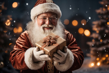Christmas Surprise. Happy Santa Claus Giving a Gift. AI Generative