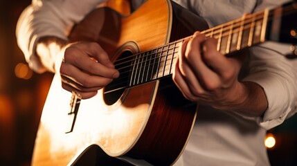 close up of hands playing classic guitar.