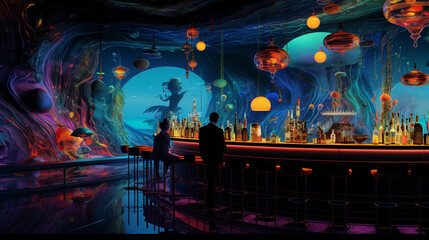 Surrealistic interpretation of a bustling cocktail bar, swirling colors and patrons blending into a dreamy scene, a la Dali, with a hint of vibrant neon glow, film noir style