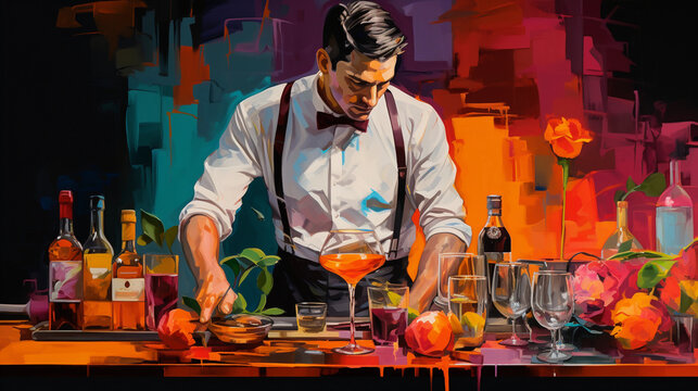 Fauvist style reinterpretation of a mixologist at work, vibrant and wild color palette, showcasing the art of crafting cocktails, giving a sense of movement and energy
