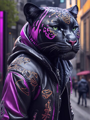 dramatically detailed scene, a humanoid with a panther face and a pumped-up human body stands on the city street, donning a funky, realistic purple jacket, exuding an aura of intrigue and captivation