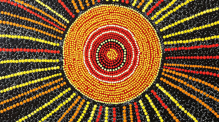 An abstract sun in the style of a traditional indigenous Australian Aboriginal dot painting