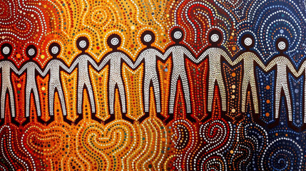Silhouettes of people holding hands in the style of Australian traditional indigenous aboriginal dot painting - obrazy, fototapety, plakaty