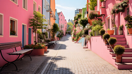 Rosafarbene Blockhäuser mit Flanzen
 Generative Ai