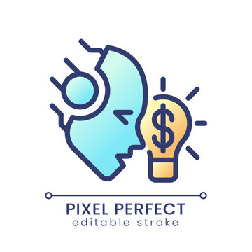 AI makes money pixel perfect color gradient icon. Machine learning in financial process. Algorithmic trading. Earn revenue. Isolated RGB vector image. Filled line illustration. Editable stroke