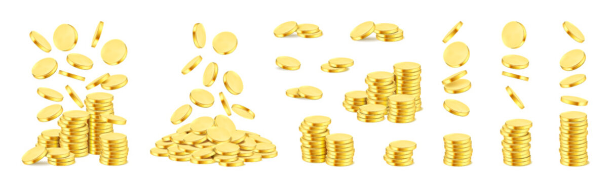 Gold coins, empty yellow money pile, realistic money currency in stack, gold treasure cash. Vector benefit in business and fortune savings, capital growth and income, savings and deposits
