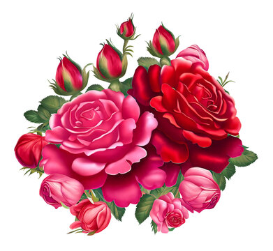 A bunch of red and pink roses flowers with green leaves on a transparent background Generative AI