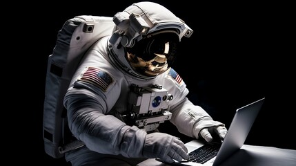 Astronaut is working on laptop in outer space. Generative AI
