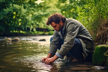 Biologist Conducts Water Analysis to Control River Quality in Ecology and Environment Science. Generative AI
