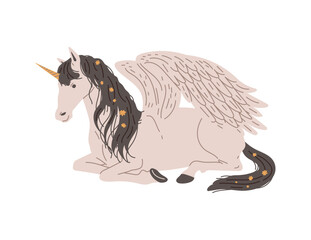 Vector isolated illustration of white horse with wings, mythological creature Pegasus, hand drawn fantastic horse