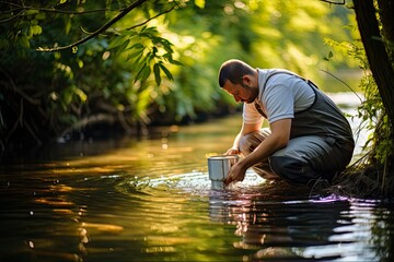 Biologist Conducting Water Quality Analysis of River: Ecology, Science, & Environmental Control. Generative AI