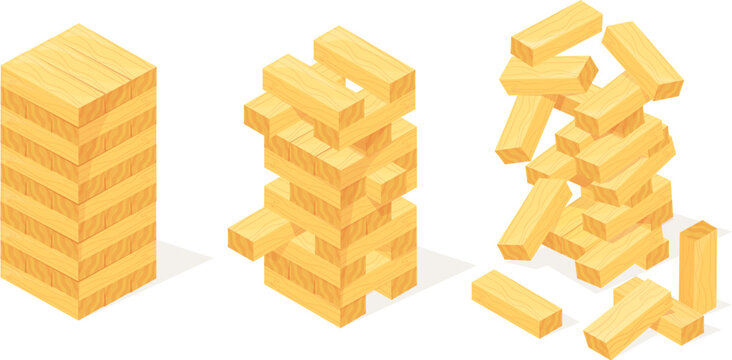 Jenga game. Tower balance concept, balanced towers construction from wooden block stack, puzzle games dangerous risk choice of wood bricks for success win, neat vector illustration