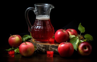 Apple juice in a jug and a glass on the table Generative AI