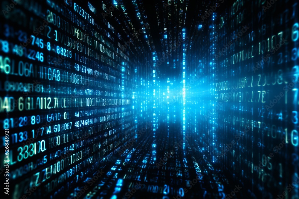 Poster Blue digital binary data on computer screen background.