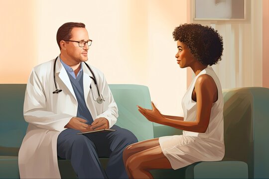 Consultation with Young Doctor: Overweight Black Woman Talking about Health in Medical Clinic. Generative AI