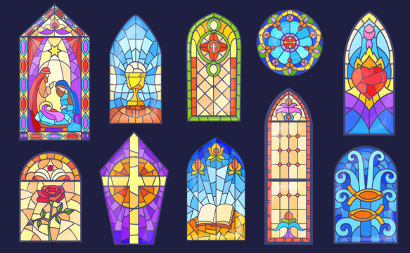 Cartoon stained glass. Beautiful stain church windows frames christian or catholic religious, coloring mosaic window with christmas gothic cathedral temple neat vector illustration