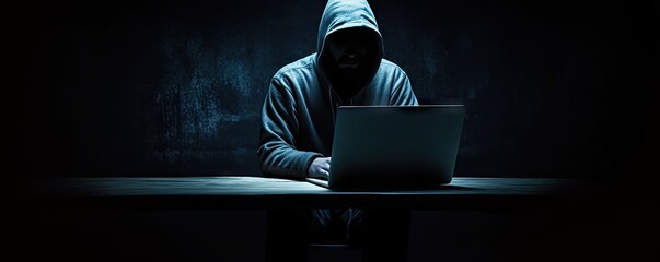 Man in hood analyzing data on desktop PC computer at desk. Internet security and hacking concepts. Digital spyware and network security