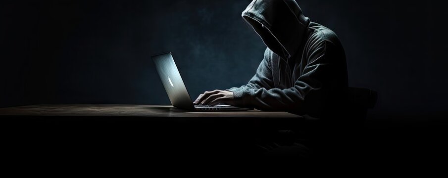 Man in hood analyzing data on desktop PC computer at desk. Internet security and hacking concepts. Digital spyware and network security