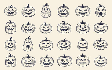 Halloween pumpkins icons set. Set of 24 vintage pumpkin templates for Halloween design. Funny Monsters faces. Vector illustration