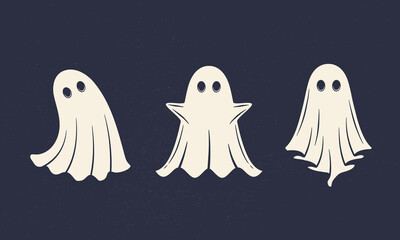 Funny Ghost characters set. Design element for logo, emblem, label, poster. Vector illustration