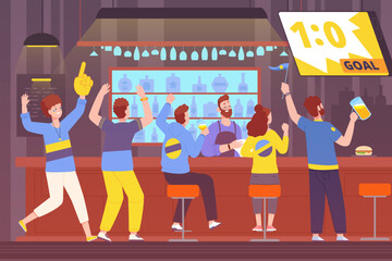 Watching match in bar. People watch football on tv sport restaurant, company friend celebrating soccer goal pub counter alcohol drink friendly fan game splendid vector illustration