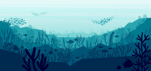 Fototapeta na wymiar Underwater silhouette landscape. Exotic marine underwater scene with coral reef and fish. Vector background with manta and hammerhead sharks
