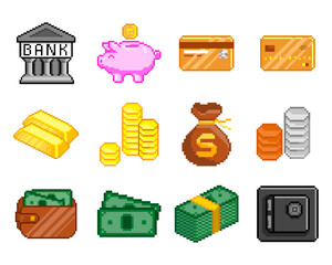 Pixel Art Cash Money icons big set. Pixel Wallet with banknotes and Golden Credit Card. Editable vector