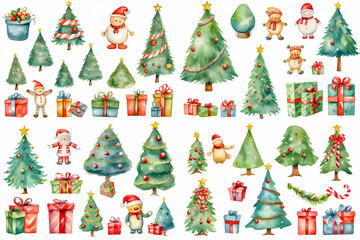 A watercolor themed picture of a Christmas tree and a gift box.