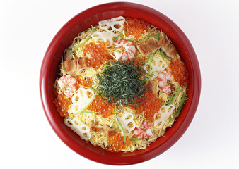 Ikura gohan on White background with clipping path. Popular Japanese foods. On top.