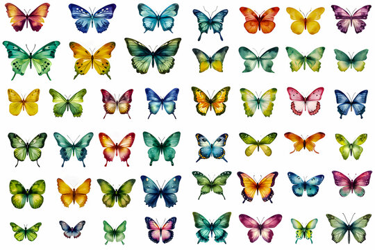 Watercolor illustration of butterfly in different poses, clip-art style on white background.,Generative Ai