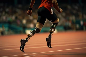 Fotobehang Tokio an athlete without two legs runs at the stadium of the Paralympic Games