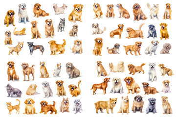 Watercolor illustration of elements of dogs of various breeds in cute poses.