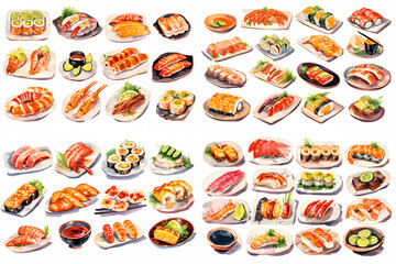 clip-art style watercolor of Various Japanese Sushi set of various shapes