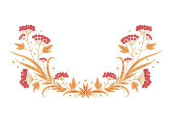 Red berries and floral ornament vector illustration, trendy hand drawn line leaves and rowan for postcards