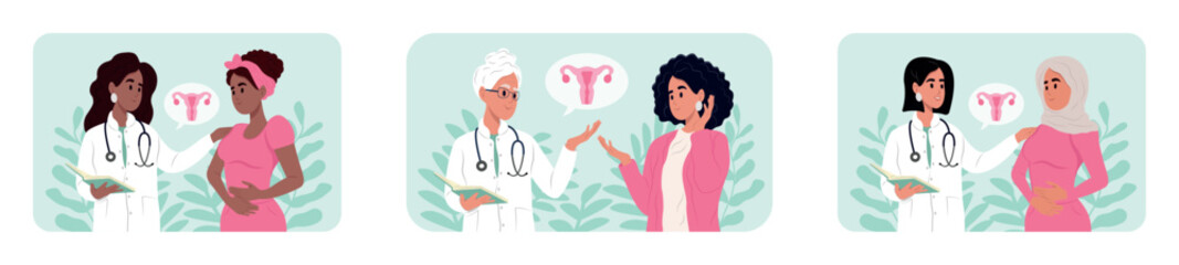 Doctors and patients of different races and ages. Male and female doctors talking to patients during consultation. International Day of Gynecological Health.