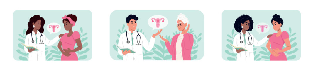 Doctors and patients of different races and ages. Male and female doctors talking to patients during consultation. International Day of Gynecological Health.