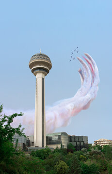 Air Force aerobatic team performing demonstration flight over Atakule tower - Ankara, Turkey