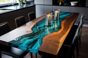 Resin table with candles in modern dining room. Interior design concept resin table