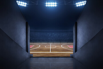 Basketball court at night on 3d illustration