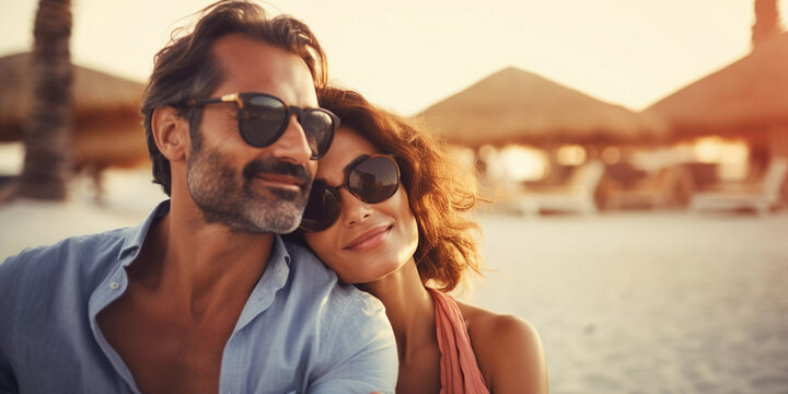 Couple in love, man and woman, embrace on tropical beach vacation at sunset