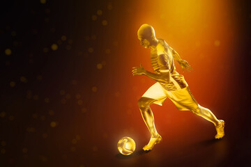 Golden soccer player run on dark background