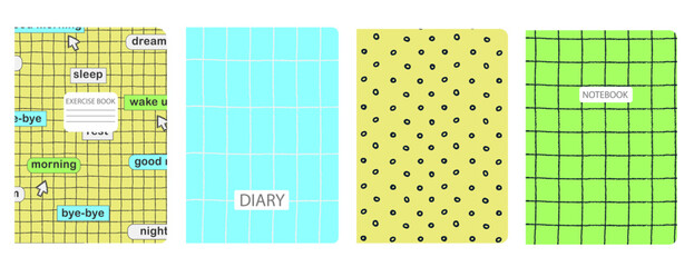 Cover page templates based on seamless geometric patterns with button, cursor, handdrawn shape, wavy, lines. Backgrounds for notebooks, notepads, diaries. Headers isolated and replaceable