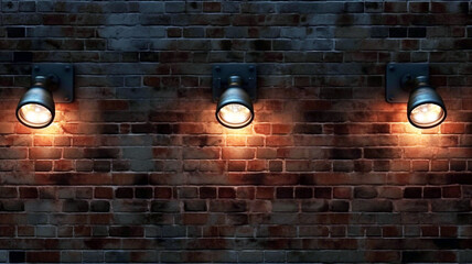 Three lamps on a brick wall in a dark room