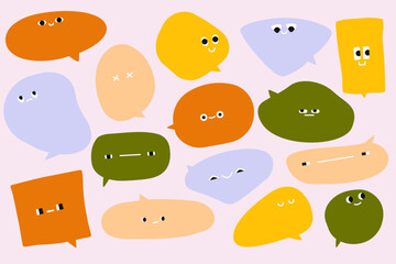Chat bubble with faces. Doodle comic icons, speech balloon shapes different emotions, modern flat stickers. Vector isolated set