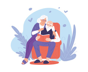 Cartoon grandparents lovely hugging and read book in cozy chair together, vector illustration with blue floral and heart