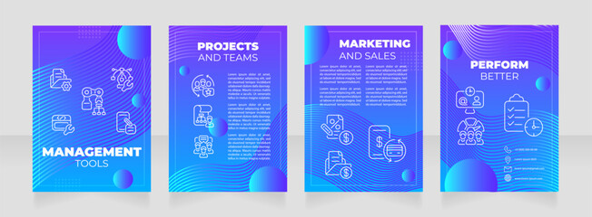 Management tools blue premade brochure template. Task manager. Online project. Business development booklet design with icons, copy space. Editable 4 layouts. Montserrat, Roboto Light fonts used