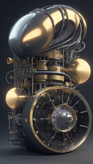 Striking image of a large, gold and silver engine against a black backdrop. An AI-generated masterpiece exuding power and elegance.