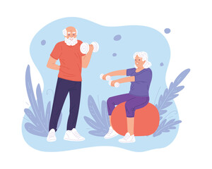 Happy grandparents doing sports flat style, vector illustration