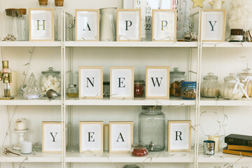 shelves with decor for New Year and Christmas