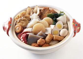 Sea food Sukiyaki on White background with clipping path. Popular Japanese foods.